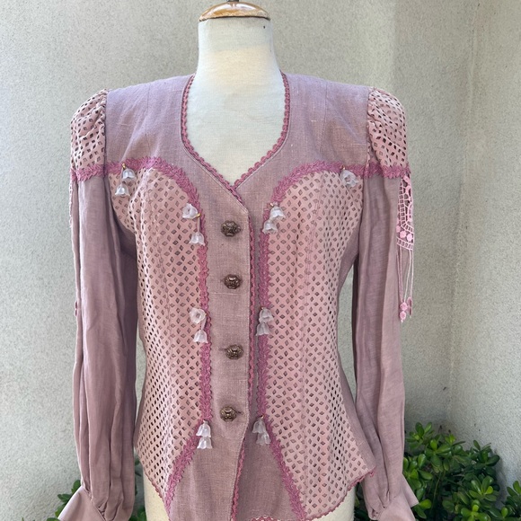 Vintage glam blazer jacket dusty rose linen faux suede floral beads Med La Foret - Picture 12 of 14